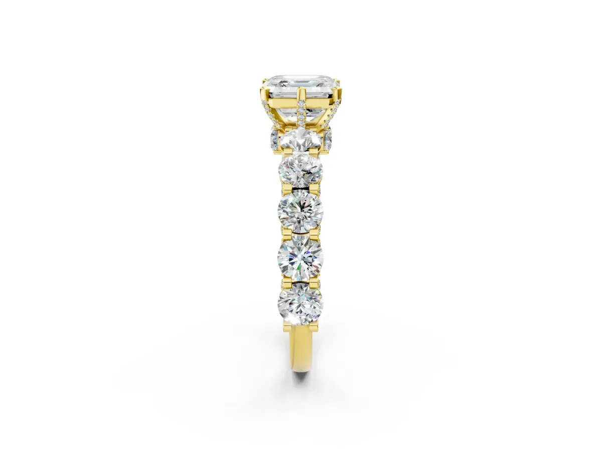 Asscher Cut Diamond Side Stone Engagement Ring with Four-Prong Setting Yellow gold