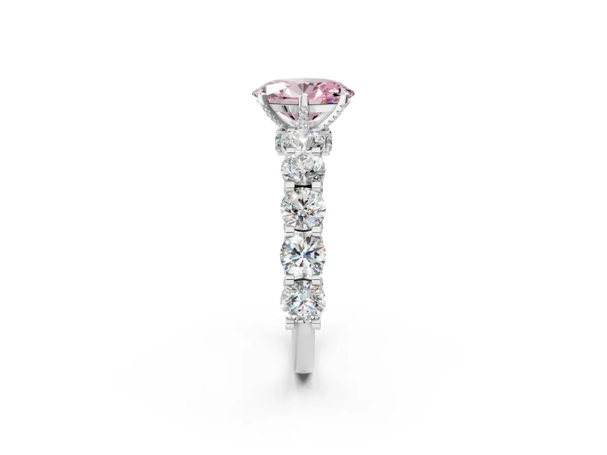 Fancy Pink Oval Cut Diamond Side Stone Engagement Ring with Four-Prong Setting Silver