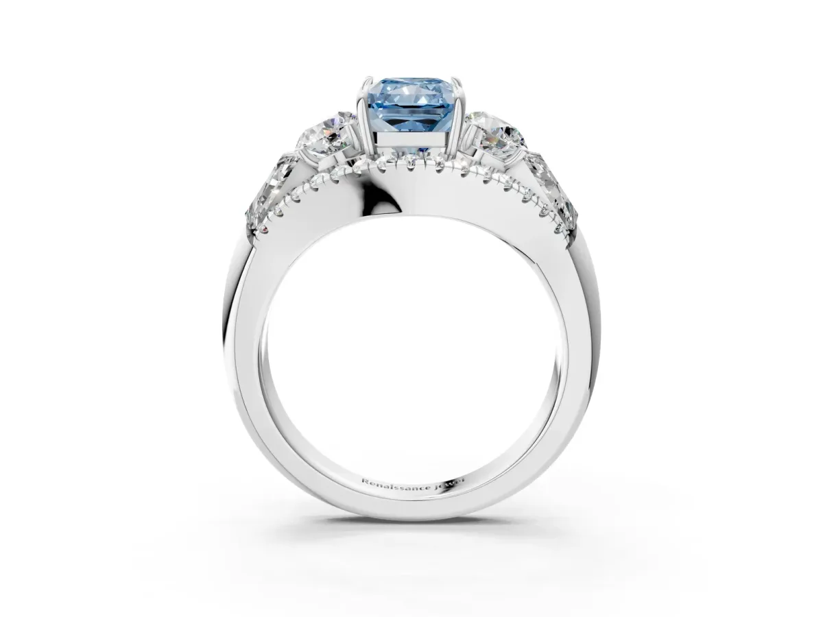 Fancy Blue Three-Stone Radiant Cut Diamond Engagement Ring with Pave Band and Prong Setting Platinum