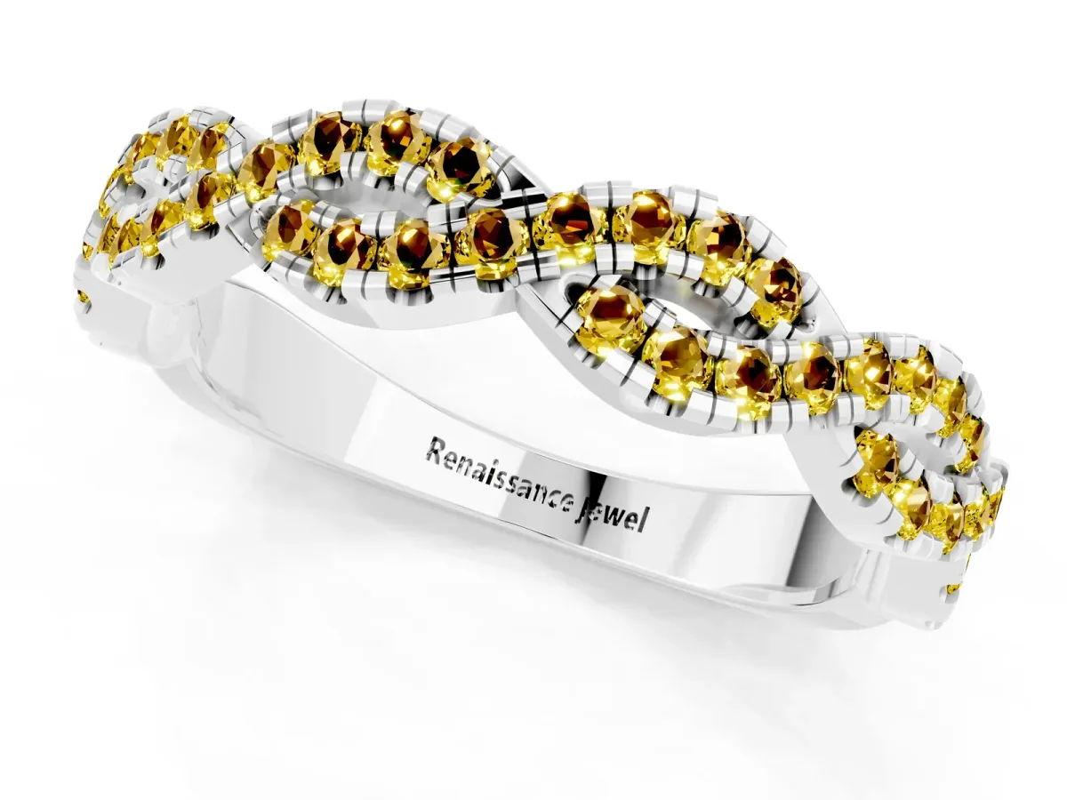 Round Yellow Sapphire Twisted Eternity Band with Pavé and Shared Prong Setting Silver