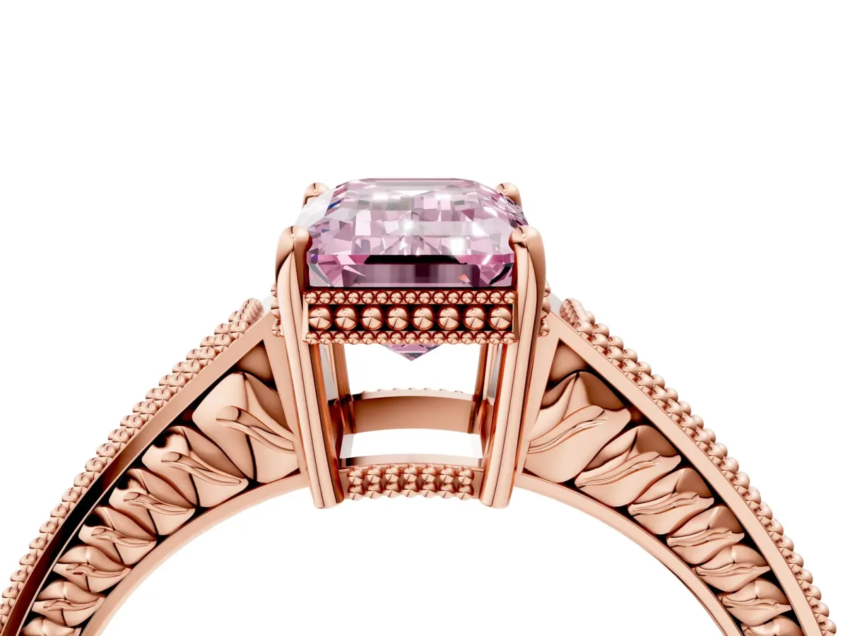 Fancy Pink Emerald Cut Cut Diamond Milgrain Pave Band Four-Prong Setting Ring Rose gold