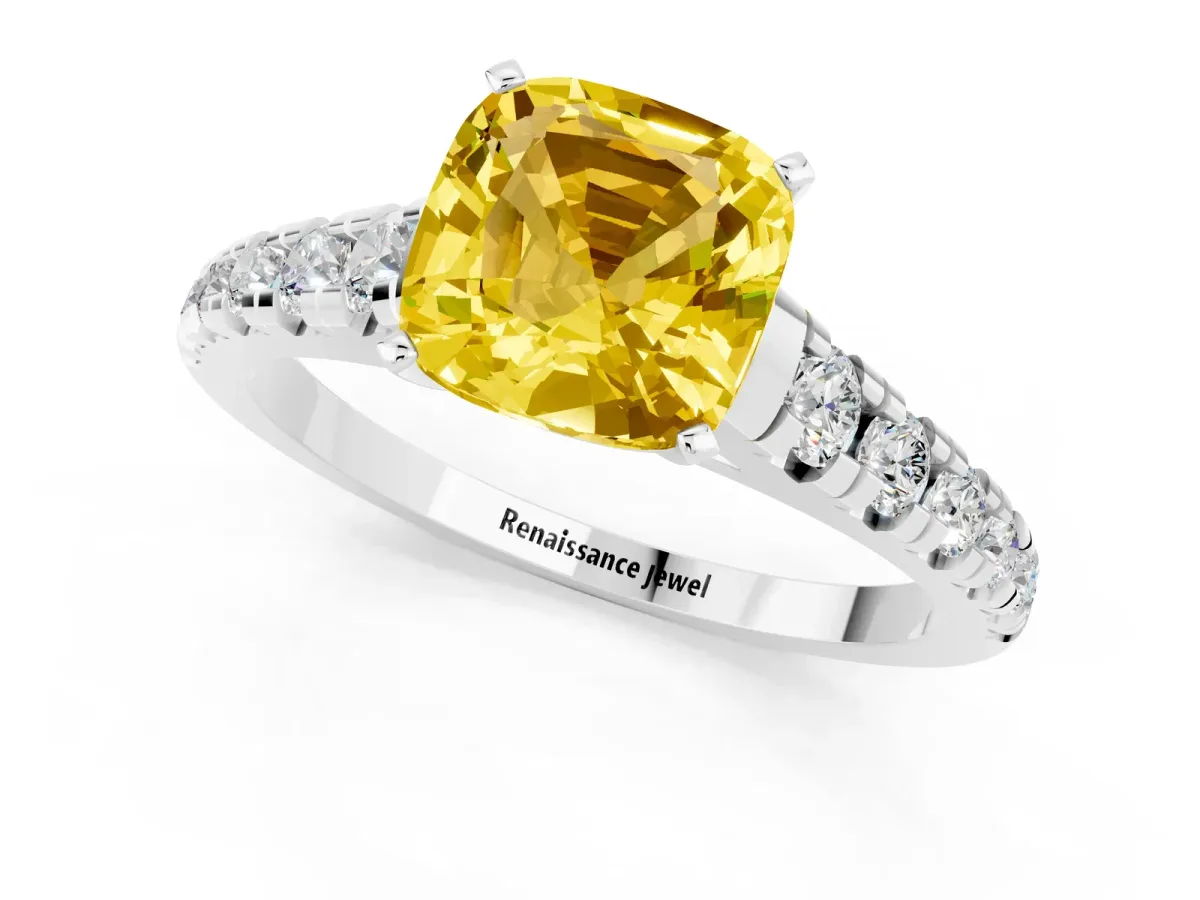 Cushion Cut Yellow Sapphire Cathedral Solitaire Ring with Round Pavé Band Silver