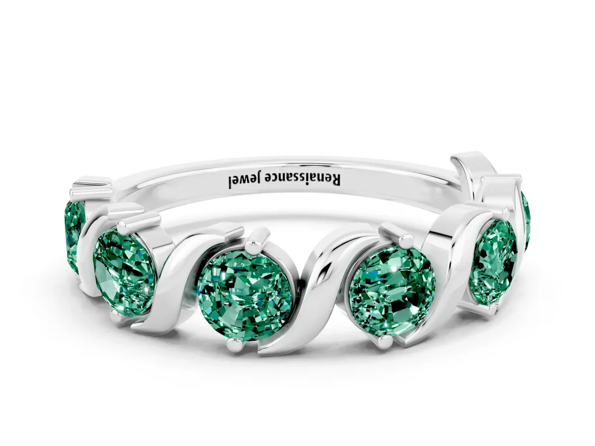 Six-Stone Round Green Sapphire Wave Band with Shared Prong Setting Platinum
