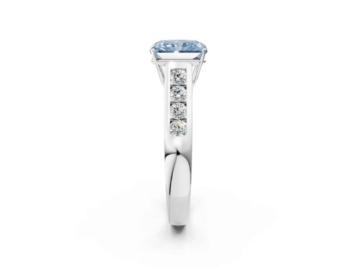 Fancy Blue Radiant Cut Brilliant Channel-Set Solitaire Ring with Four-Prong Setting Platinum