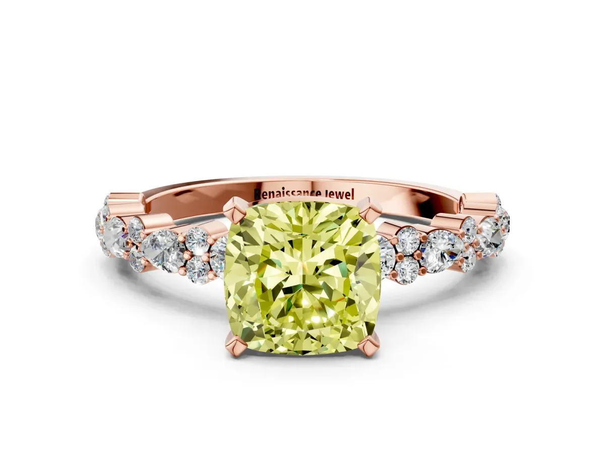 Fancy Yellow Cushion Cut Diamond Side Stone Solitaire Ring with Round and Four-Prong Setting Rose gold