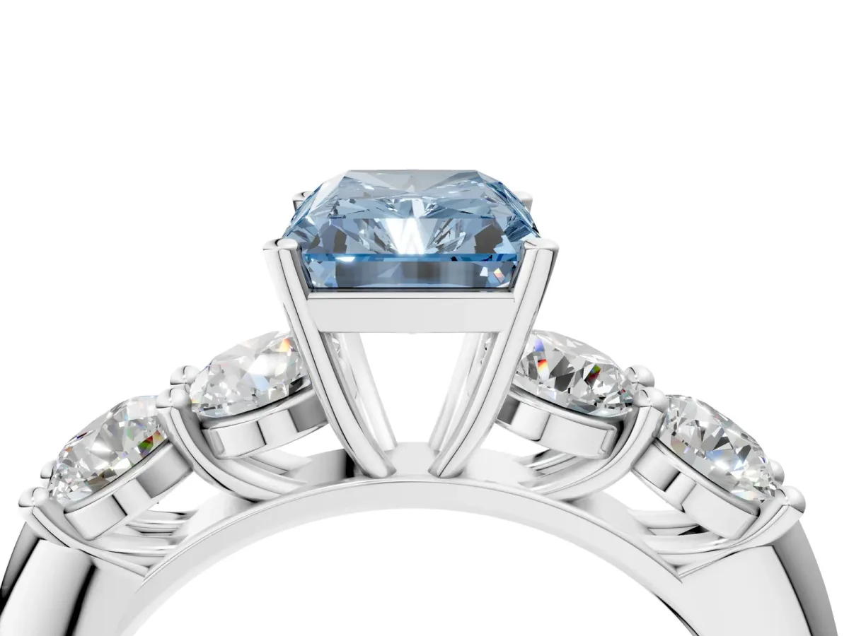 Fancy Blue Radiant Cut Cut Five-Stone Prong Set Diamond Ring with Classic Band Platinum