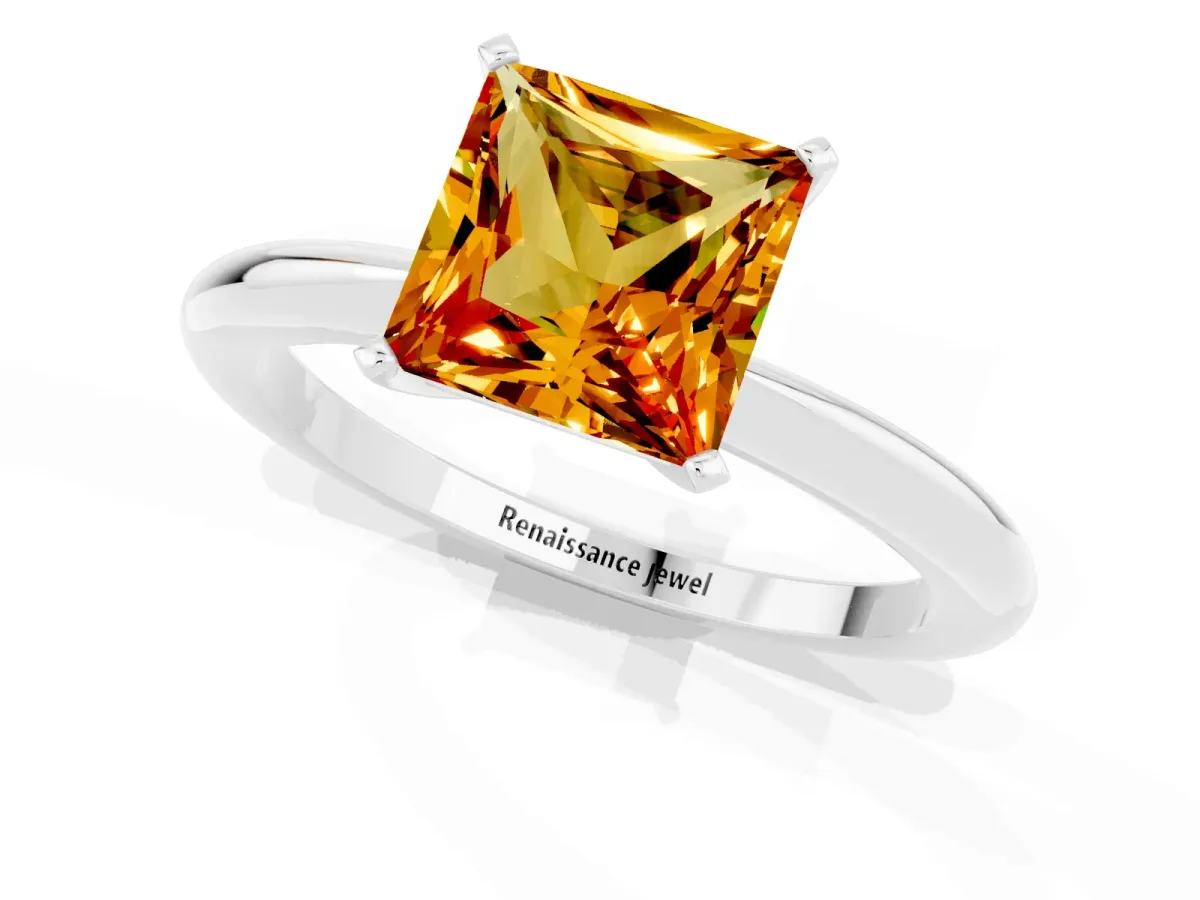 Princess Cut Citrine Solitaire Ring with Six-Prong Setting and Classic Band Silver