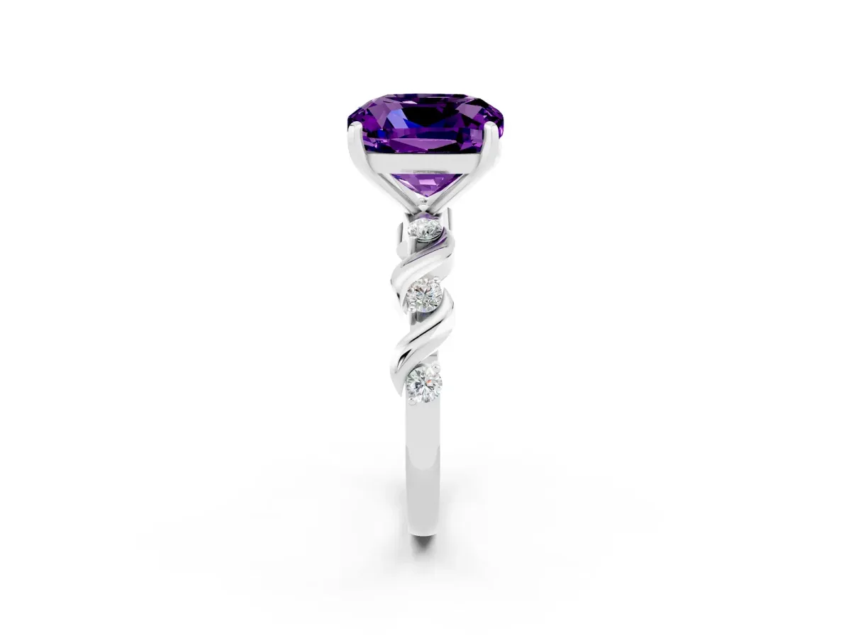 Cushion Cut Amethyst Solitaire Twisted Band with Round Accents and Prong Setting Silver