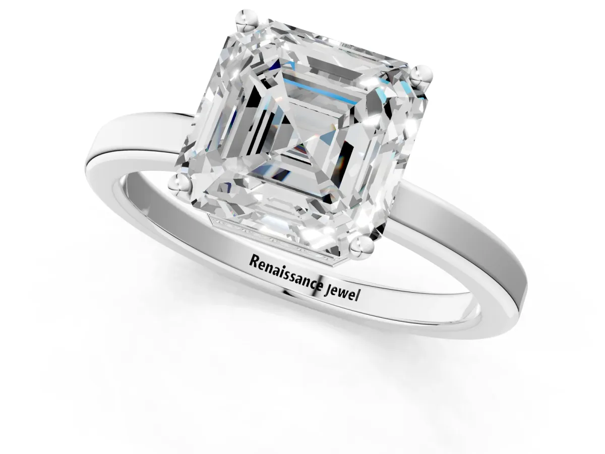 Asscher Cut Cut Solitaire Engagement Ring with Four-Prong Setting on a Classic Band Platinum