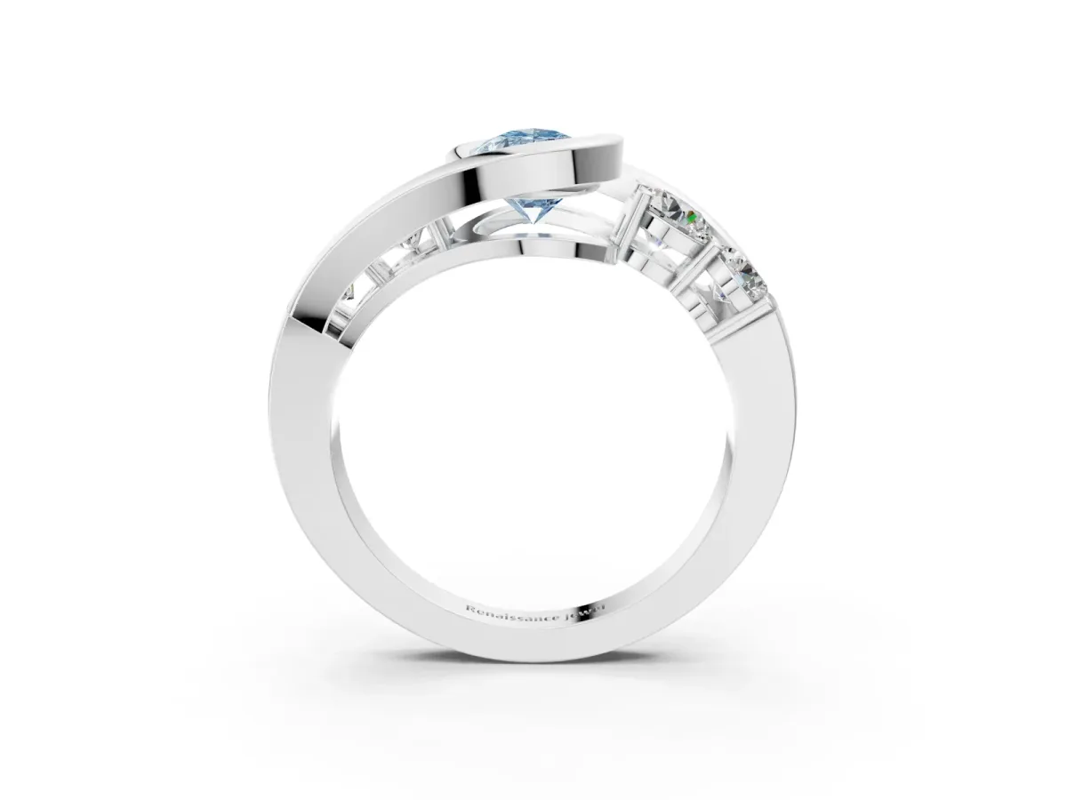 Fancy Blue Bezel Set Pear Cut Diamond Bypass Ring with Round Accents Silver