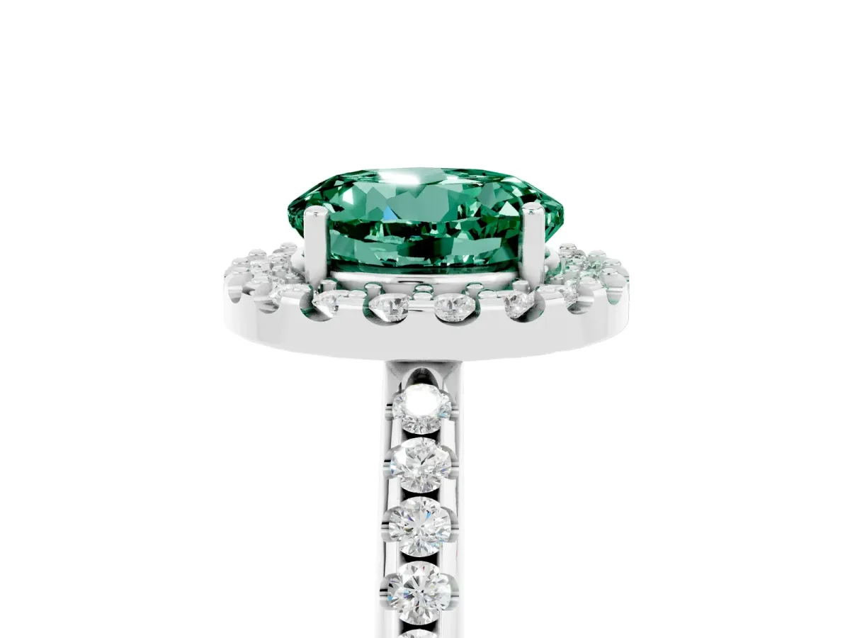 Round Cut Green Sapphire Pavé Halo Ring with Four-Prong Setting Platinum
