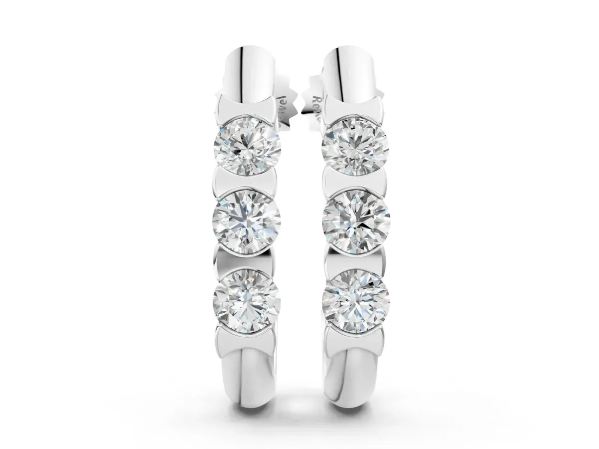Channel Set Round Diamond Hoop Earrings with Claw Prong Setting Silver