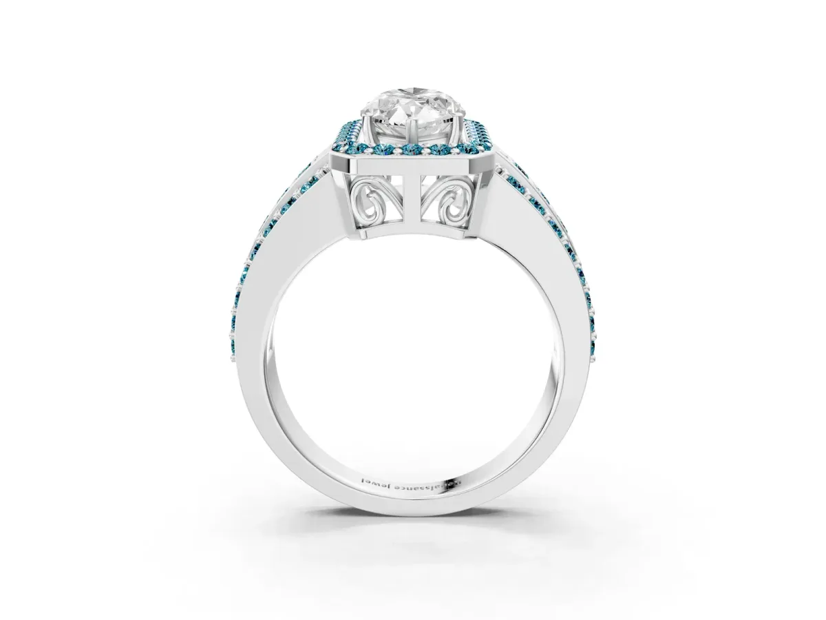 Marquise Cut Halo Diamond Ring with Round Blue Topaz Split Shank and Prong Setting Silver
