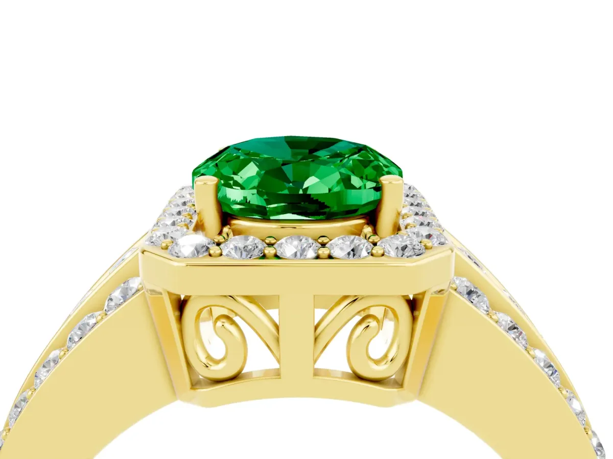 Oval Cut Halo Emerald Ring with Round Split Shank and Prong Setting Yellow gold