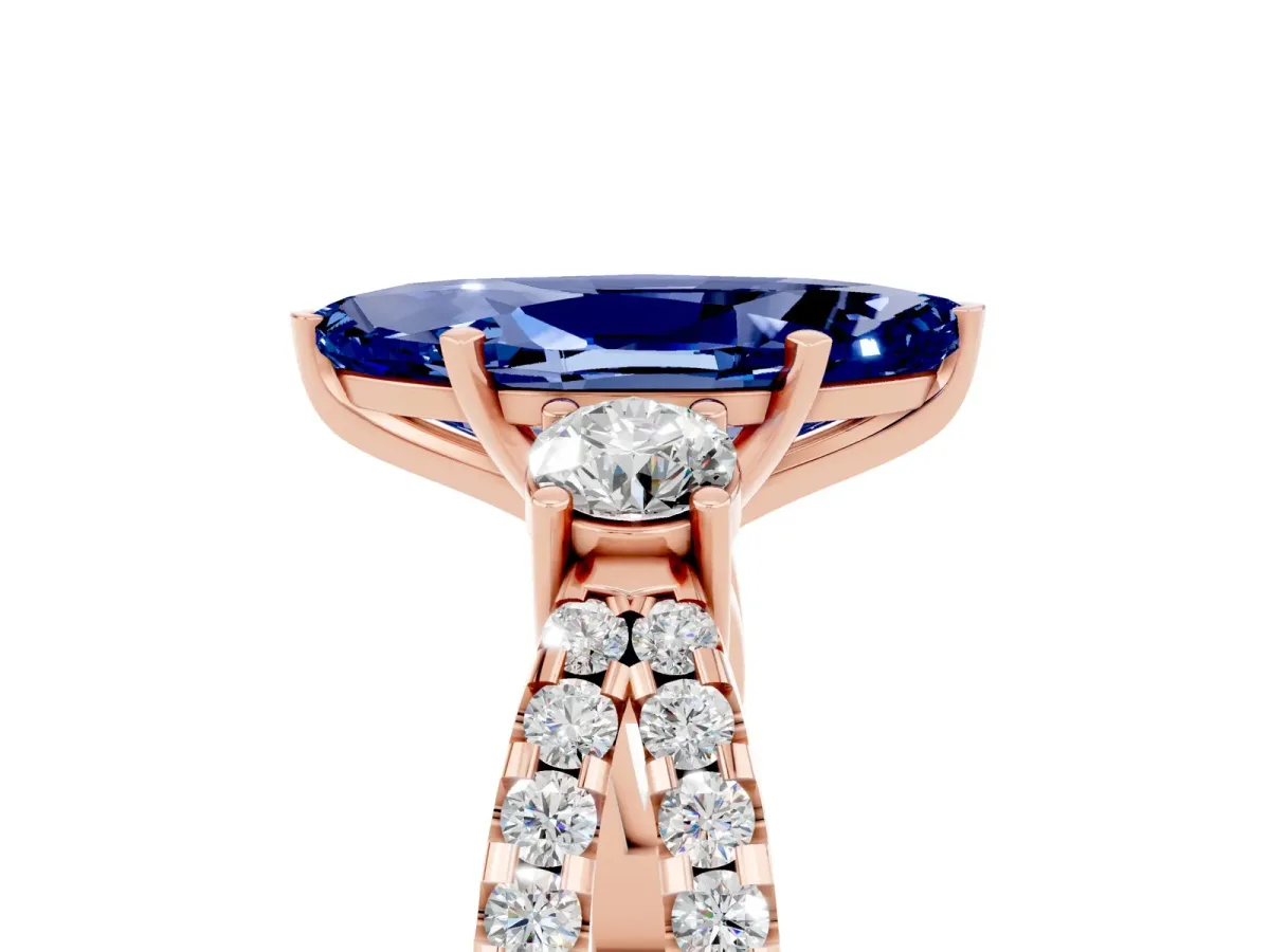 Marquise Cut Blue Sapphire Three-Stone Ring with Pavé Split Shank and Four-Prong Setting Rose gold
