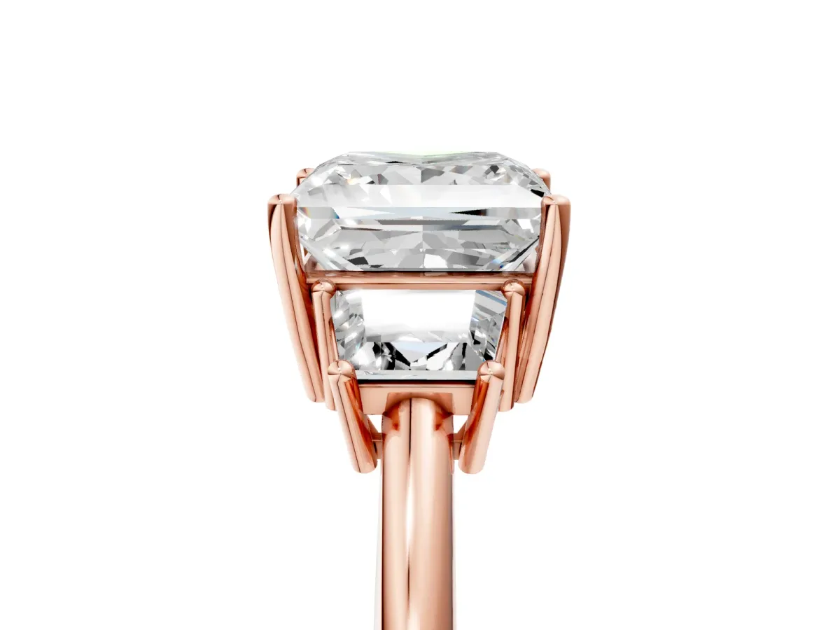 Princess Cut Diamond Three-Stone Ring with Trapezoid Side Stones and Prong Setting Rose gold