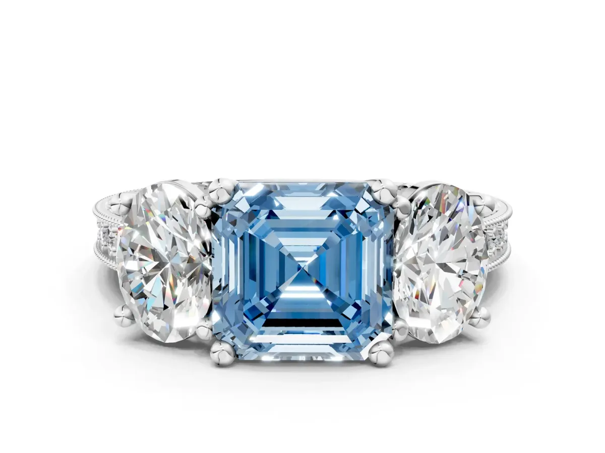 Fancy Blue Three-Stone Asscher Cut Diamond Milgrain Pave Band with Prong Setting Platinum