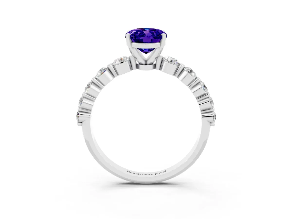 Oval Cut Solitaire Tanzanite Ring with Pave Band and Four-Prong Setting Silver