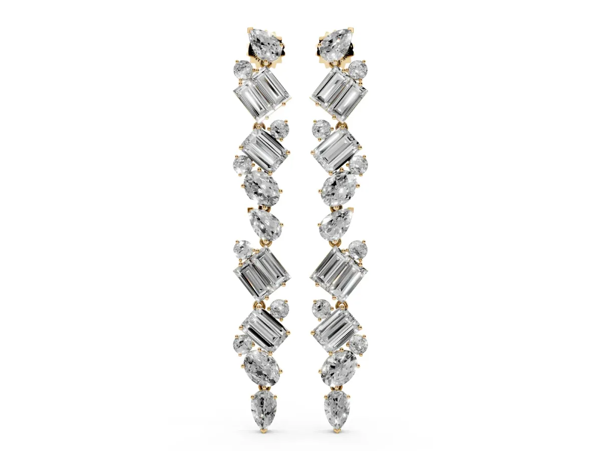 Pear, Emerald, and Round Diamond Linear Drop Earrings Yellow gold