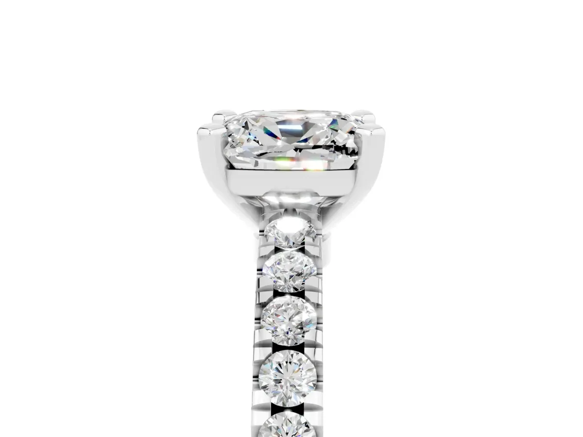 Cushion Cut Solitaire Moissanite with Pavé Band and Four-Prong Setting Silver