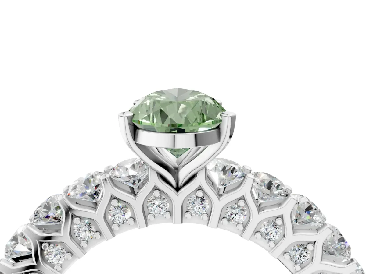 Fancy Green Pear Cut Diamond Solitaire Ring with Shared Prong Pavé Band and Four-Prong Setting Silver