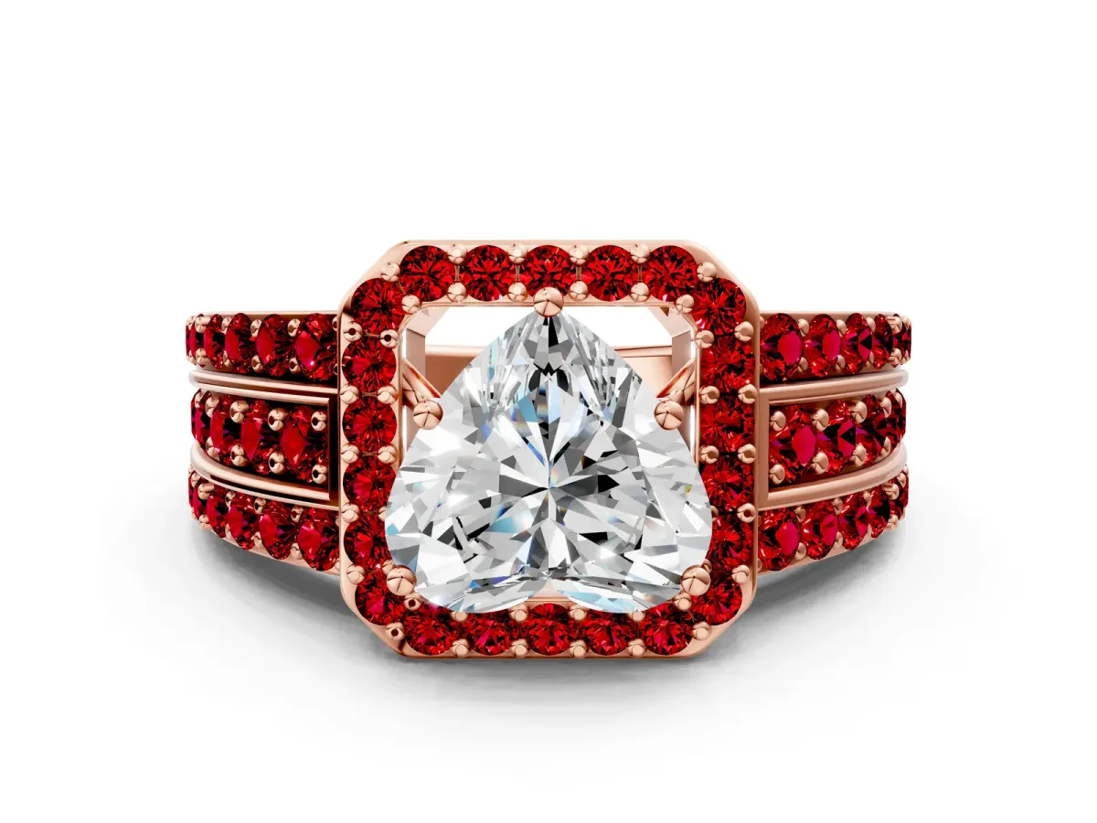 Heart Cut Halo Diamond Ring with Round Ruby Split Shank and Prong Setting Rose gold