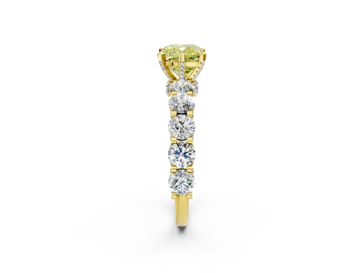 Fancy Yellow Cushion Cut Diamond Side Stone Engagement Ring with Four-Prong Setting Yellow gold