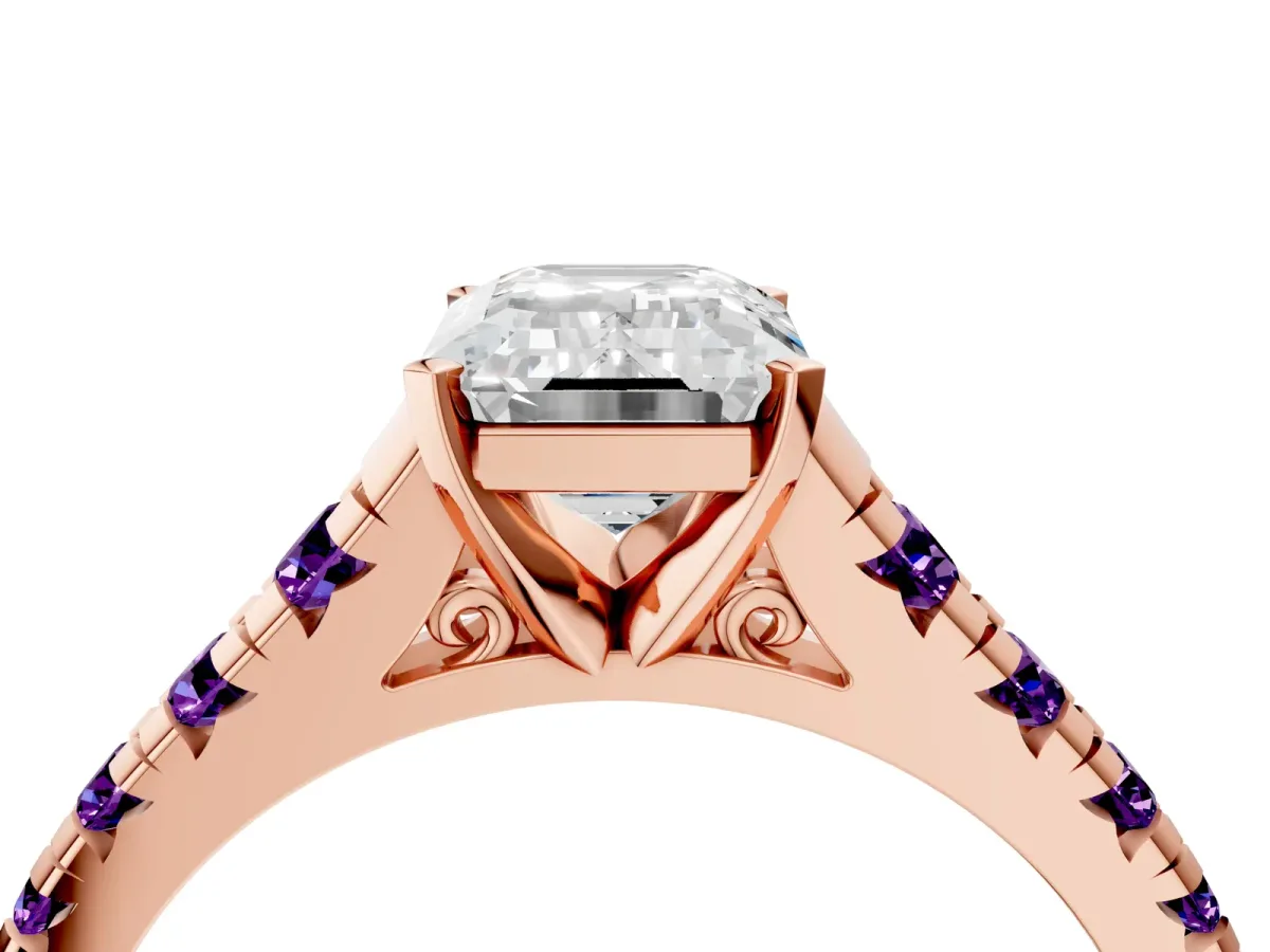 Emerald Cut Diamond Cathedral Solitaire Ring with Round Amethyst Pavé Band Rose gold