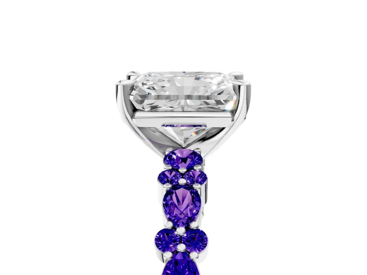 Radiant Cut Diamond Side Stone Solitaire Ring with Round Tanzanite and Four-Prong Setting Silver