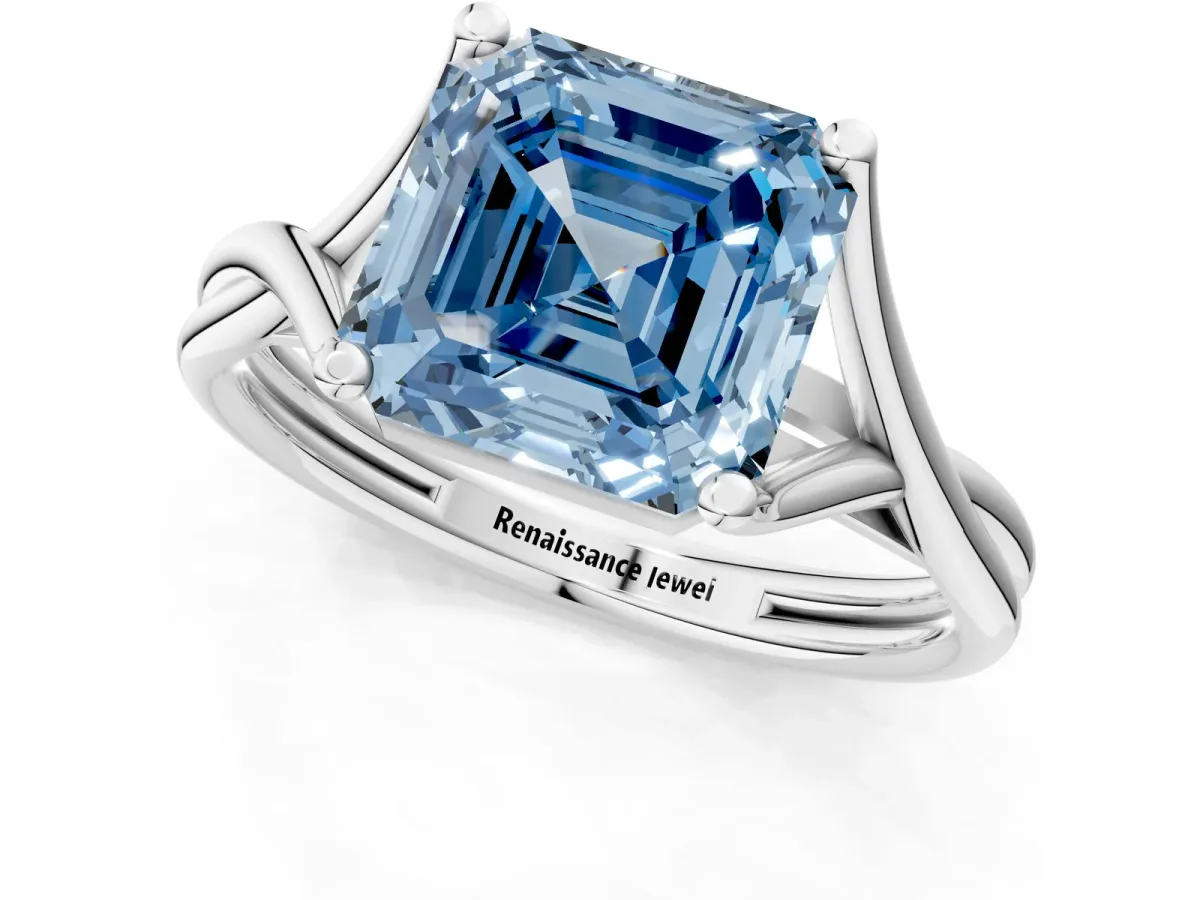 Fancy Blue Asscher Cut Diamond Solitaire Twist Band Prong Setting Ring Platinum