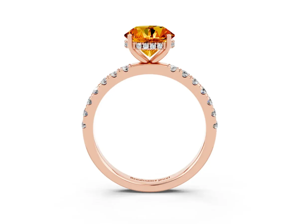 Round Cut Citrine Pave Band Solitaire Ring with Round and Prong Setting Rose gold