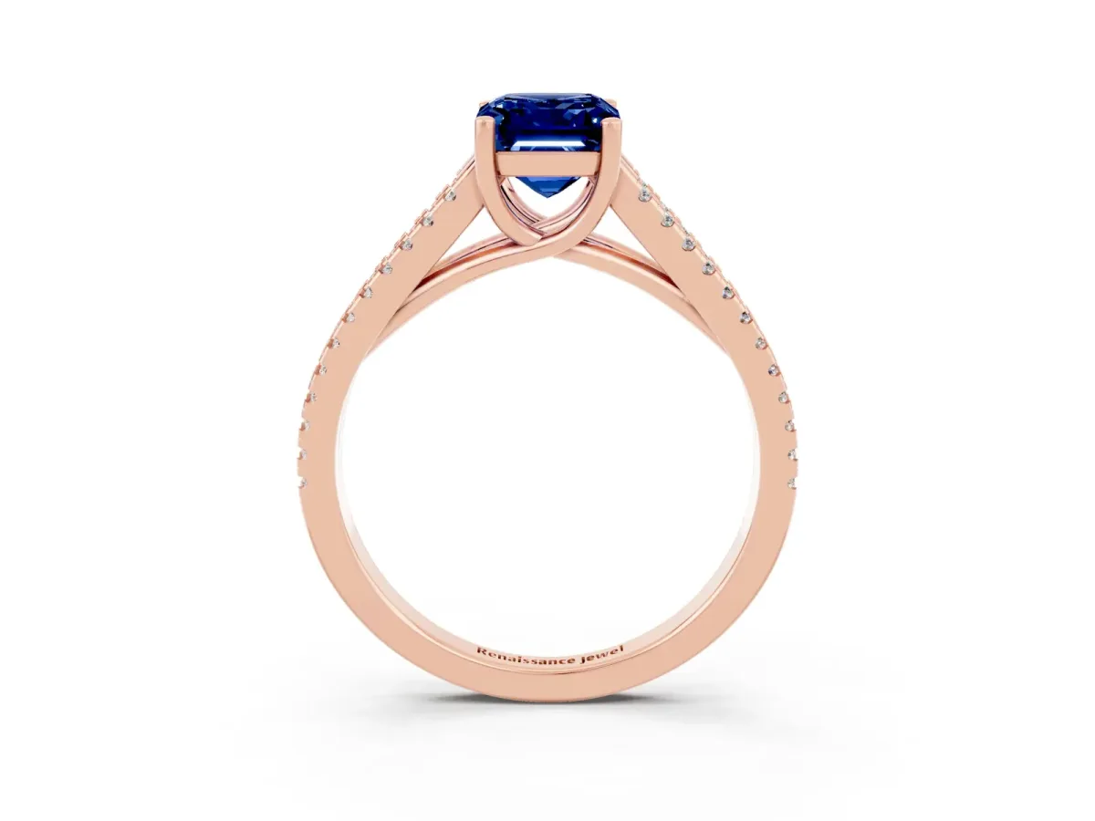 Emerald Cut Blue Sapphire Solitaire Engagement Ring with Split Shank Pavé Band Rose gold