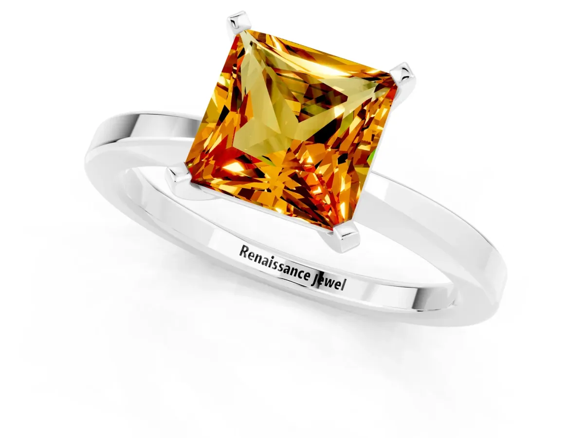 Princess Cut Citrine Solitaire Engagement Ring with Classic Band and Four-Prong Setting Silver