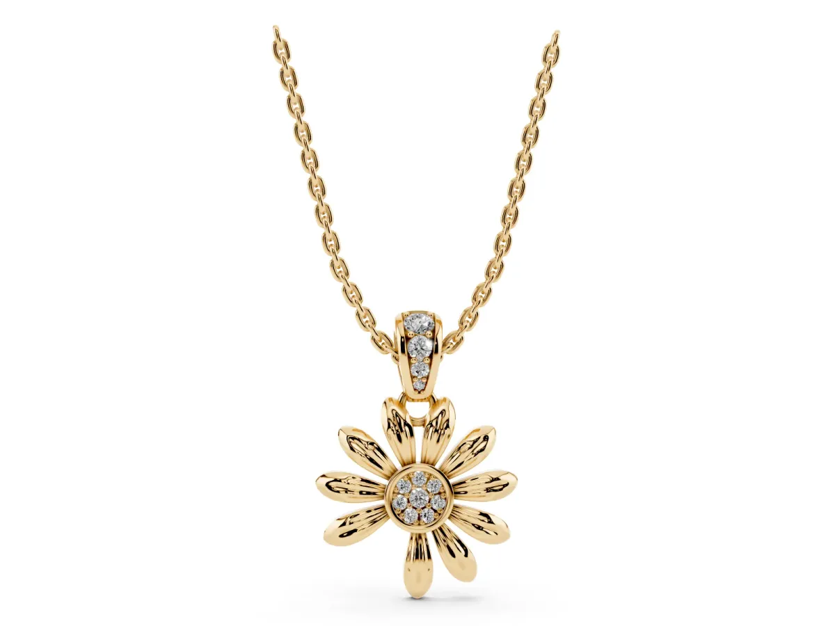 Round Diamond Daisy Flower Pendant with Diamond Accents Yellow gold