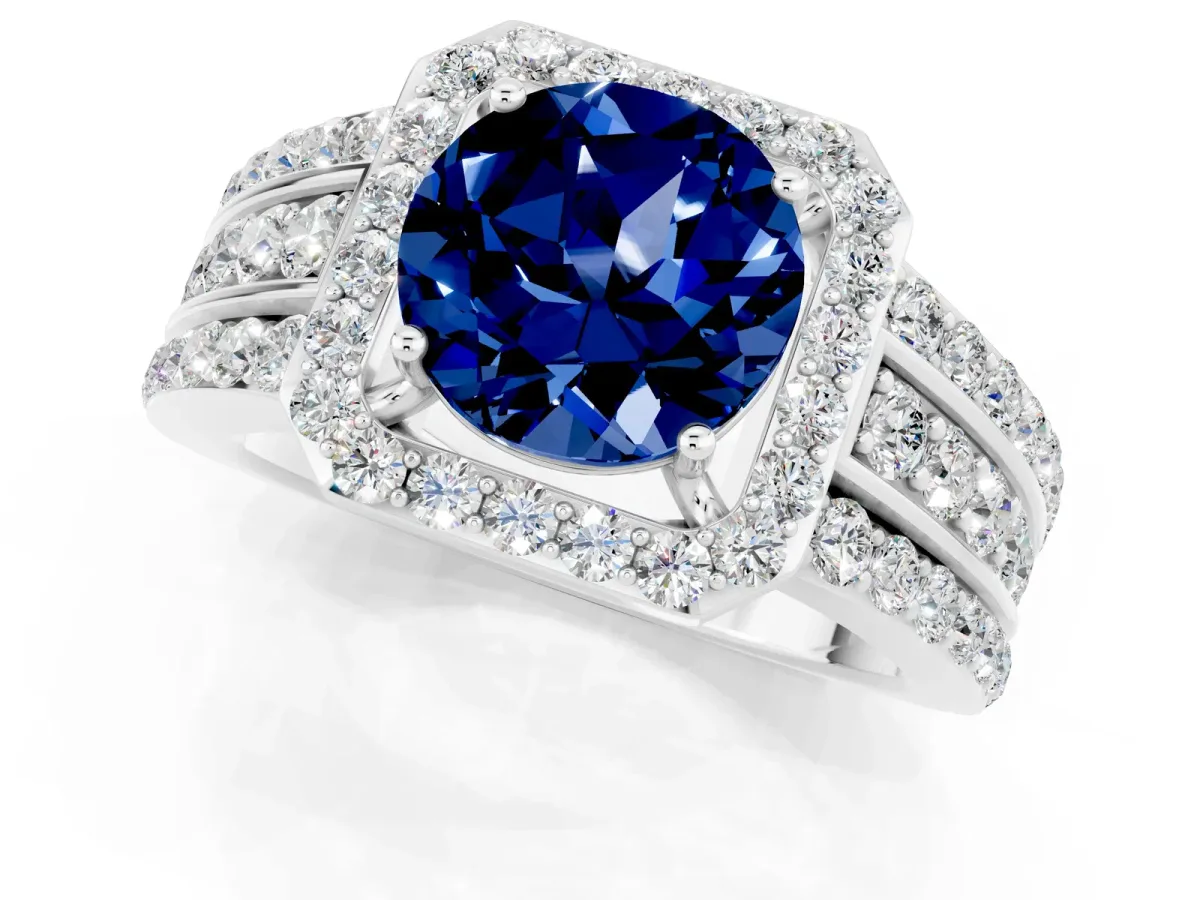 Round Cut Halo Blue Sapphire Ring with Round Split Shank and Prong Setting Platinum