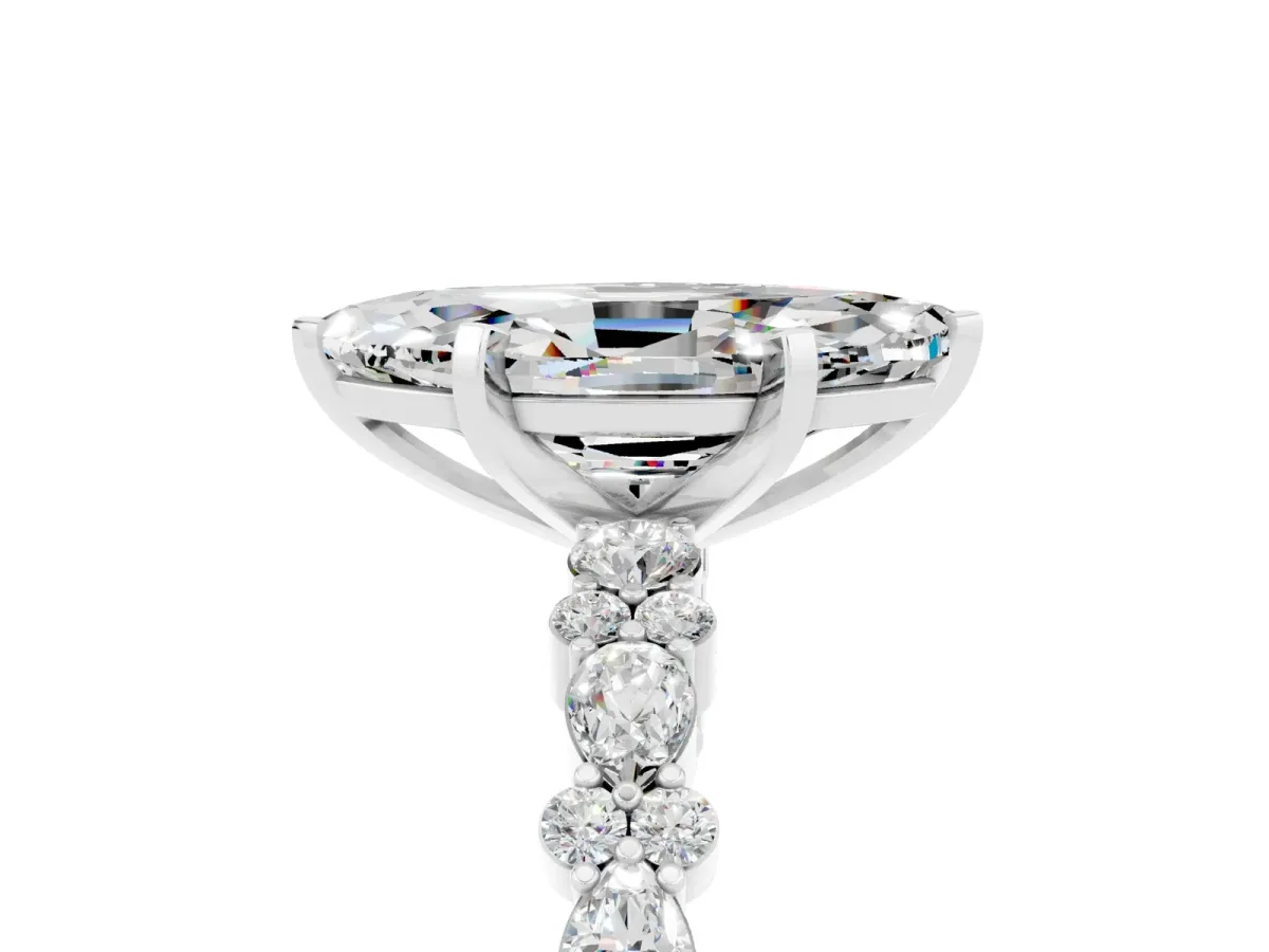 Marquise Cut Moissanite Side Stone Solitaire Ring with Round and Four-Prong Setting Silver