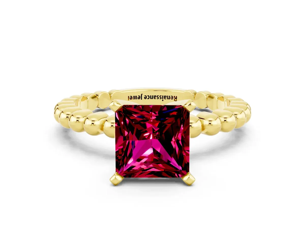 Princess Cut Garnet Solitaire Ring with Beaded Band and Prong Setting Yellow gold