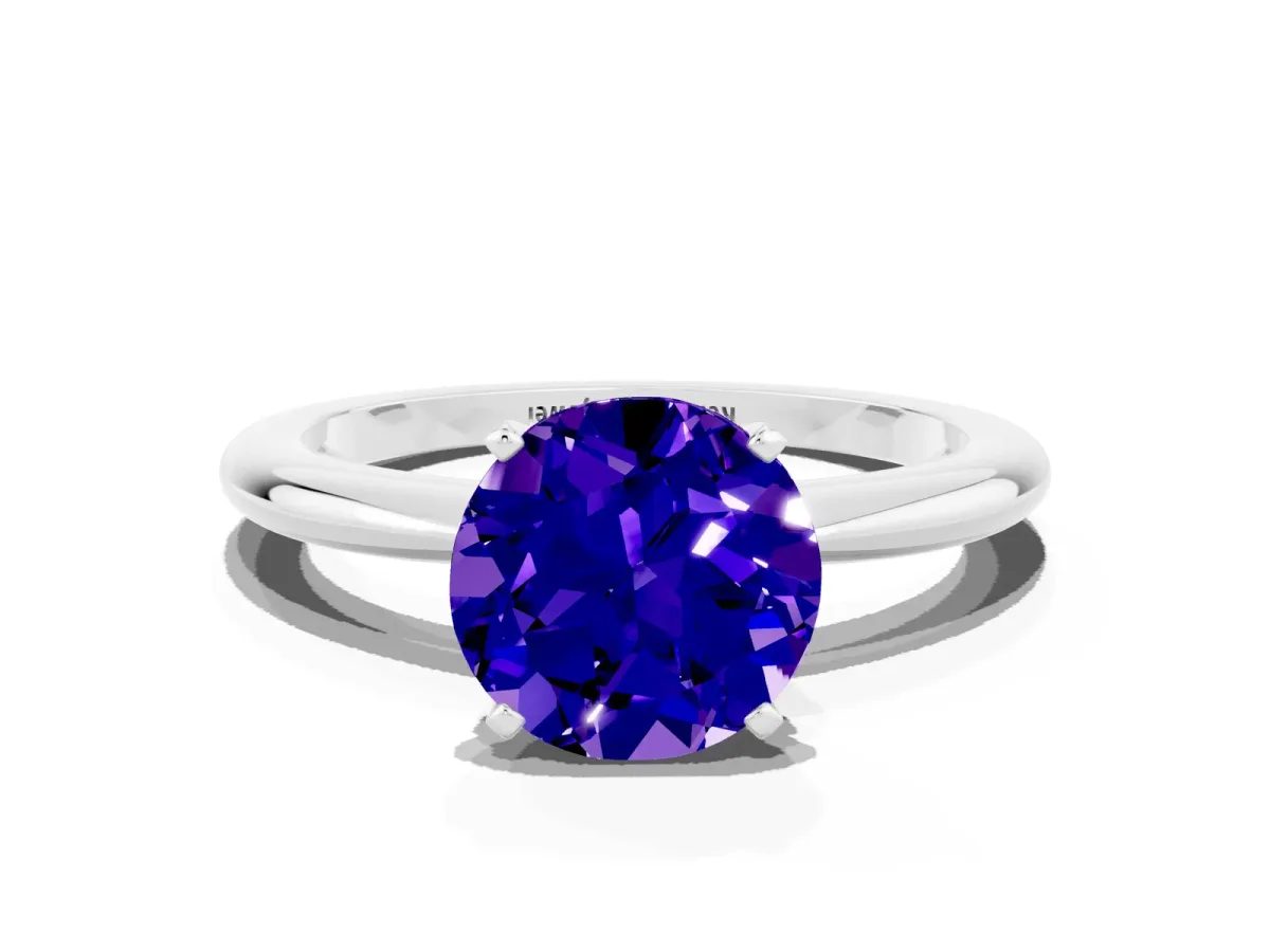Round Cut Tanzanite Solitaire Ring with Six-Prong Setting and Classic Band Silver