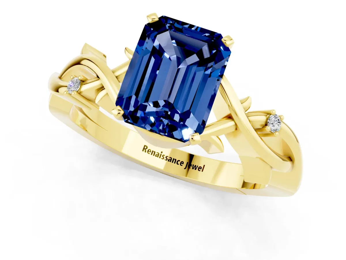 Emerald Cut Blue Sapphire Solitaire Ring with Twisted Band and Prong Setting Yellow gold