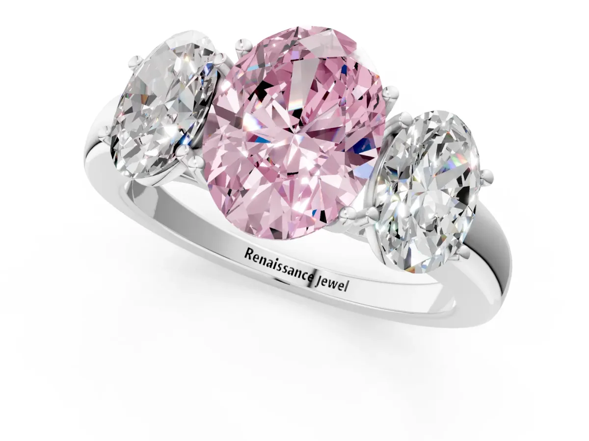 Fancy Pink Oval Cut Diamond Three-Stone Ring with Four-Prong Setting and Classic Band White gold