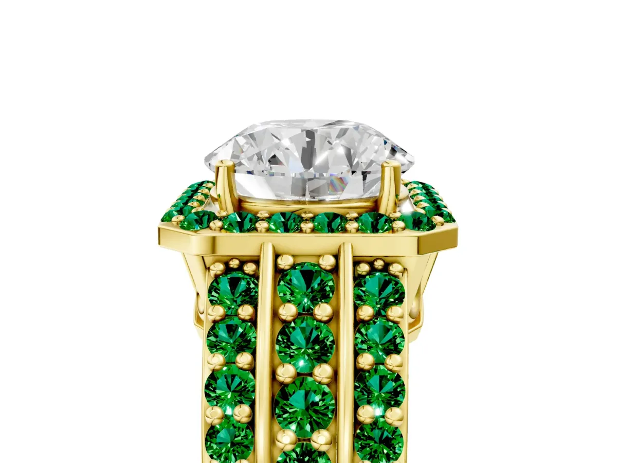 Round Cut Halo Diamond Ring with Round Emerald Split Shank and Prong Setting Yellow gold