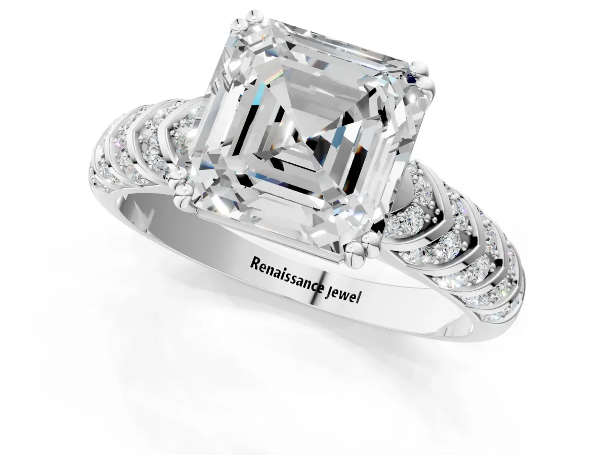Asscher Cut Solitaire Chevron Pave Diamond Engagement Ring with Six-Prong Setting Platinum
