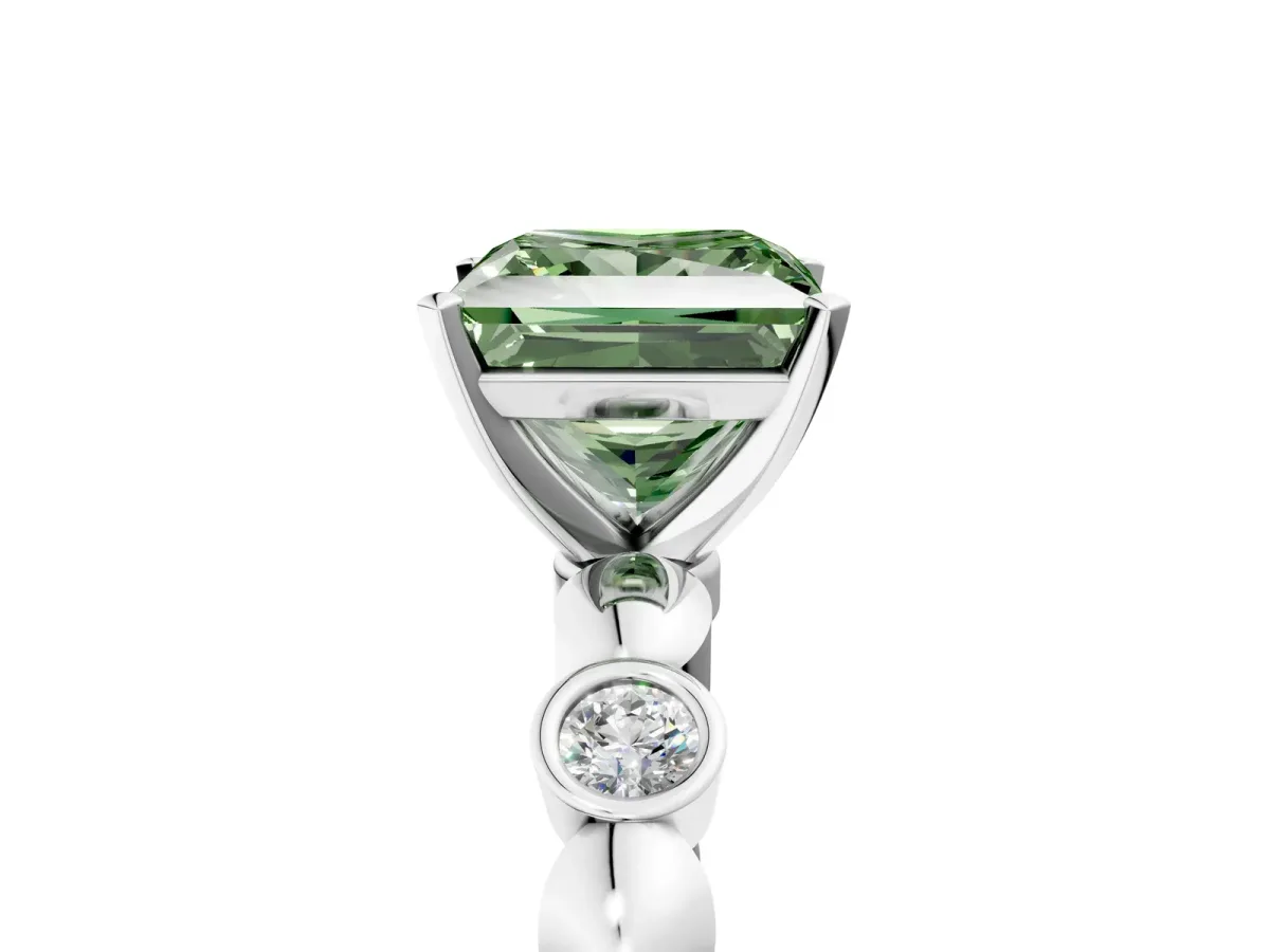 Fancy Green Princess Cut Solitaire Bezel-Set Diamond Ring with Beaded Band and Four-Prong Setting Silver