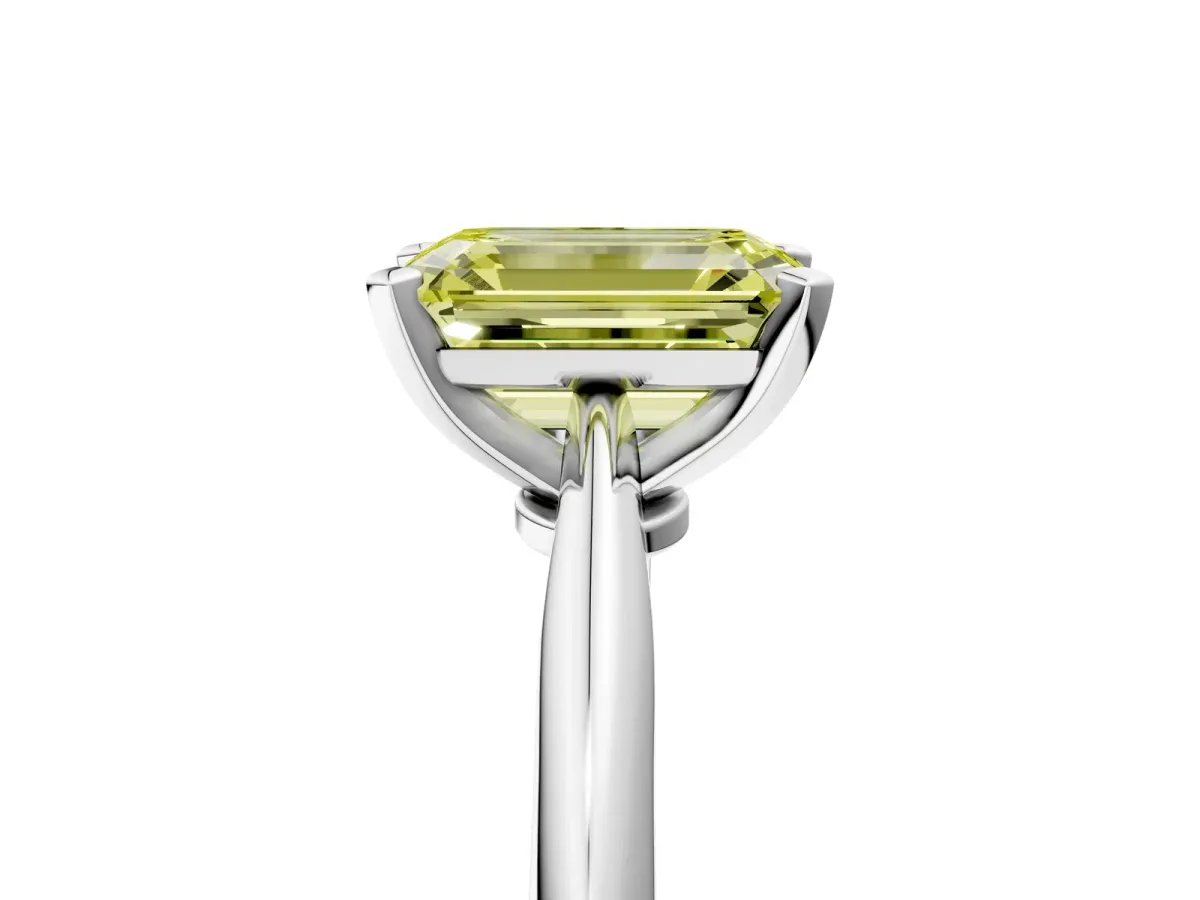 Fancy Yellow Emerald Cut Diamond Solitaire Engagement Ring with Classic Band and Four-Prong Setting Silver