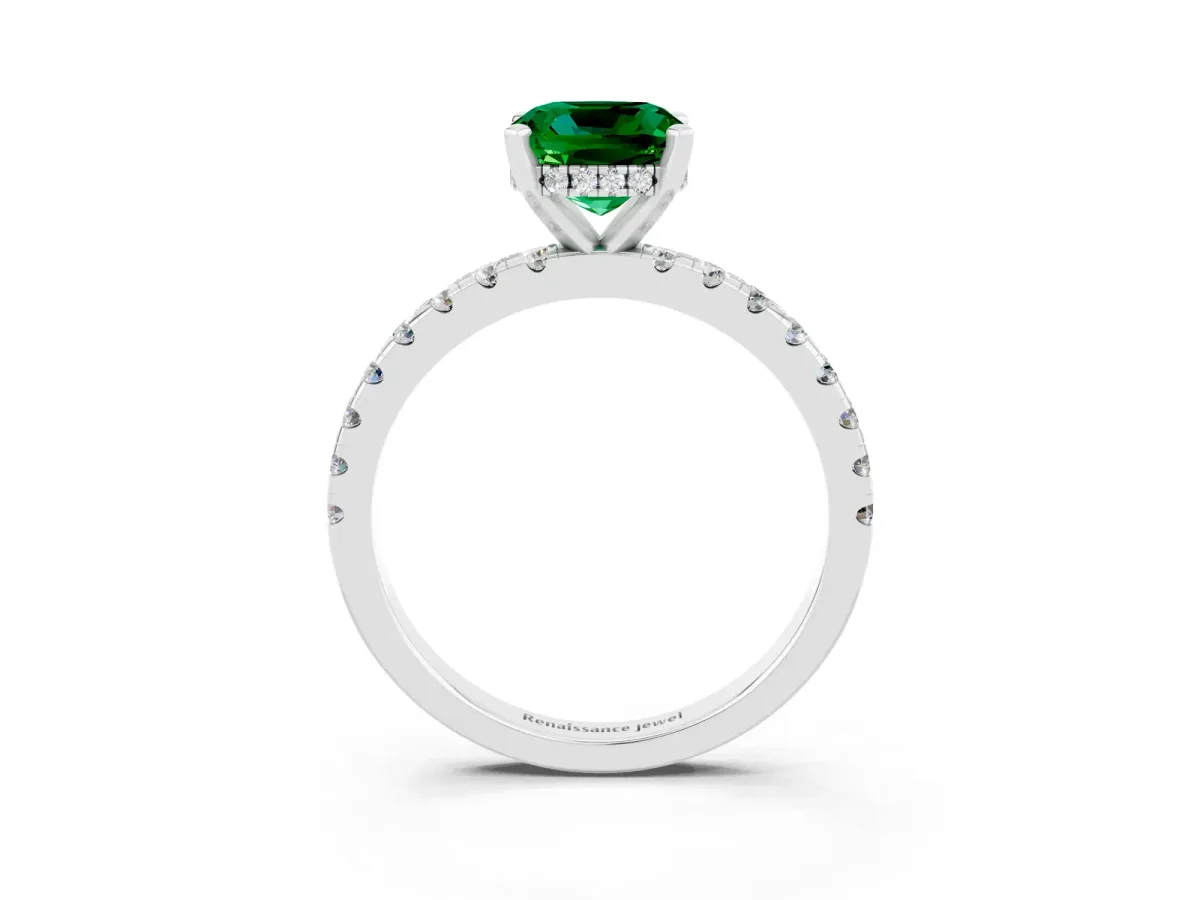 Cushion Cut Emerald Solitaire Ring with Round Pavé Band and Four-Prong Setting Silver