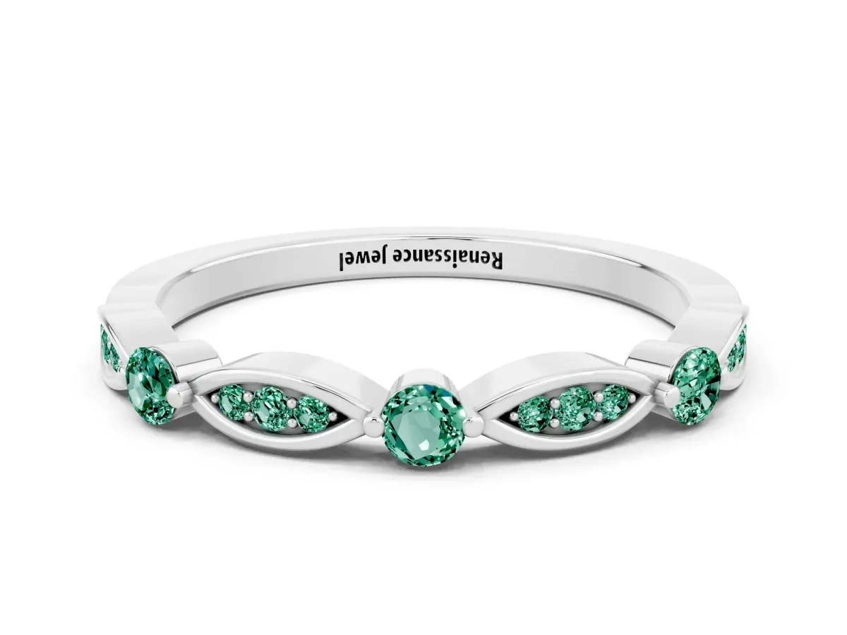 Marquise and Round Green Sapphire Milgrain Band with Bezel Setting Silver