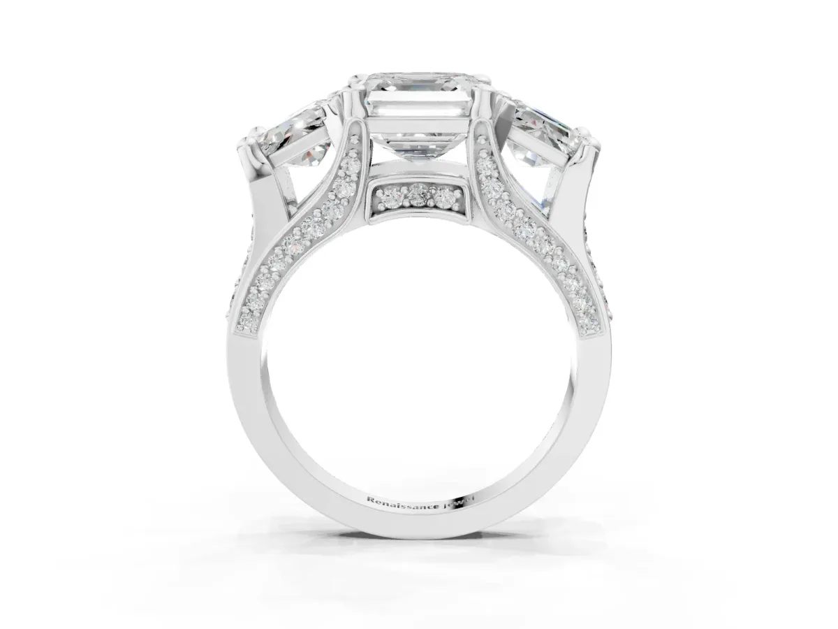 Asscher Cut Diamond Three-Stone Ring with Channel Set Band and Four-Prong Setting Platinum