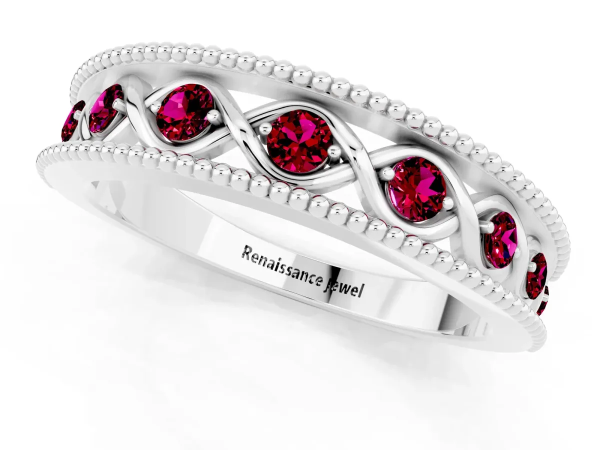 Round Garnet Twist Milgrain Band with Bezel Setting White gold