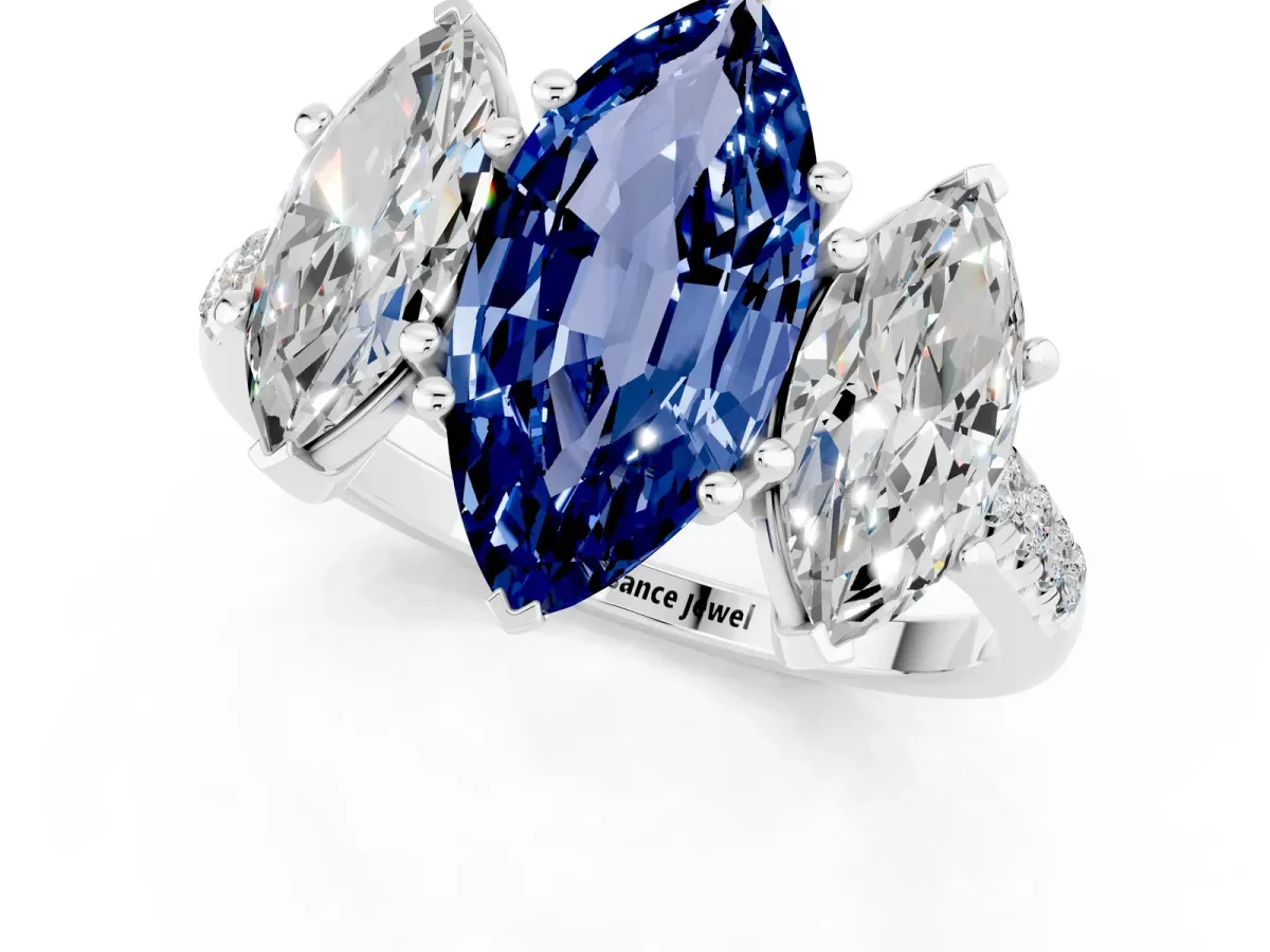 Three-Stone Marquise Cut Blue Sapphire Ring with Round Pavé Band and Prong Setting Silver