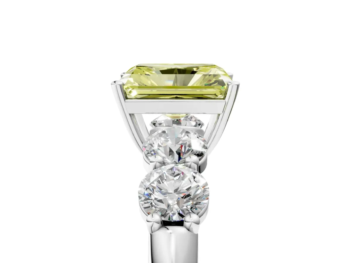 Fancy Yellow Radiant Cut Cut Five-Stone Prong Set Diamond Ring with Classic Band Platinum